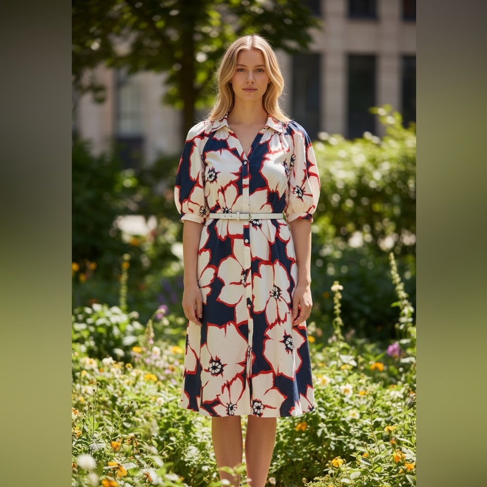 PL- Floral Print Dress with Red and Blue Accents 🎇